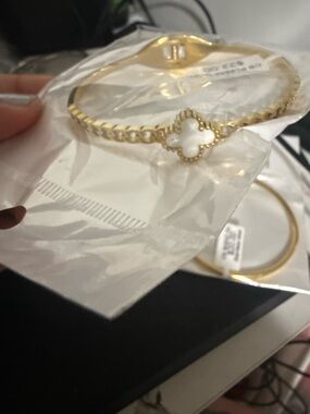 Gold Clover Bangle Bracelet with White Inlay - Women Jewelry